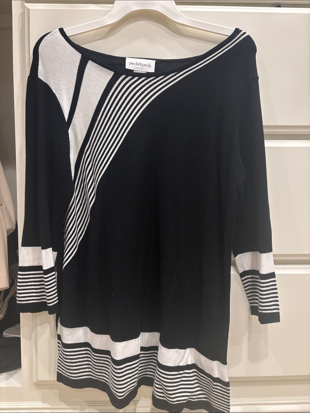 Peck & Peck Black and White Striped Scoop Neck Sweater